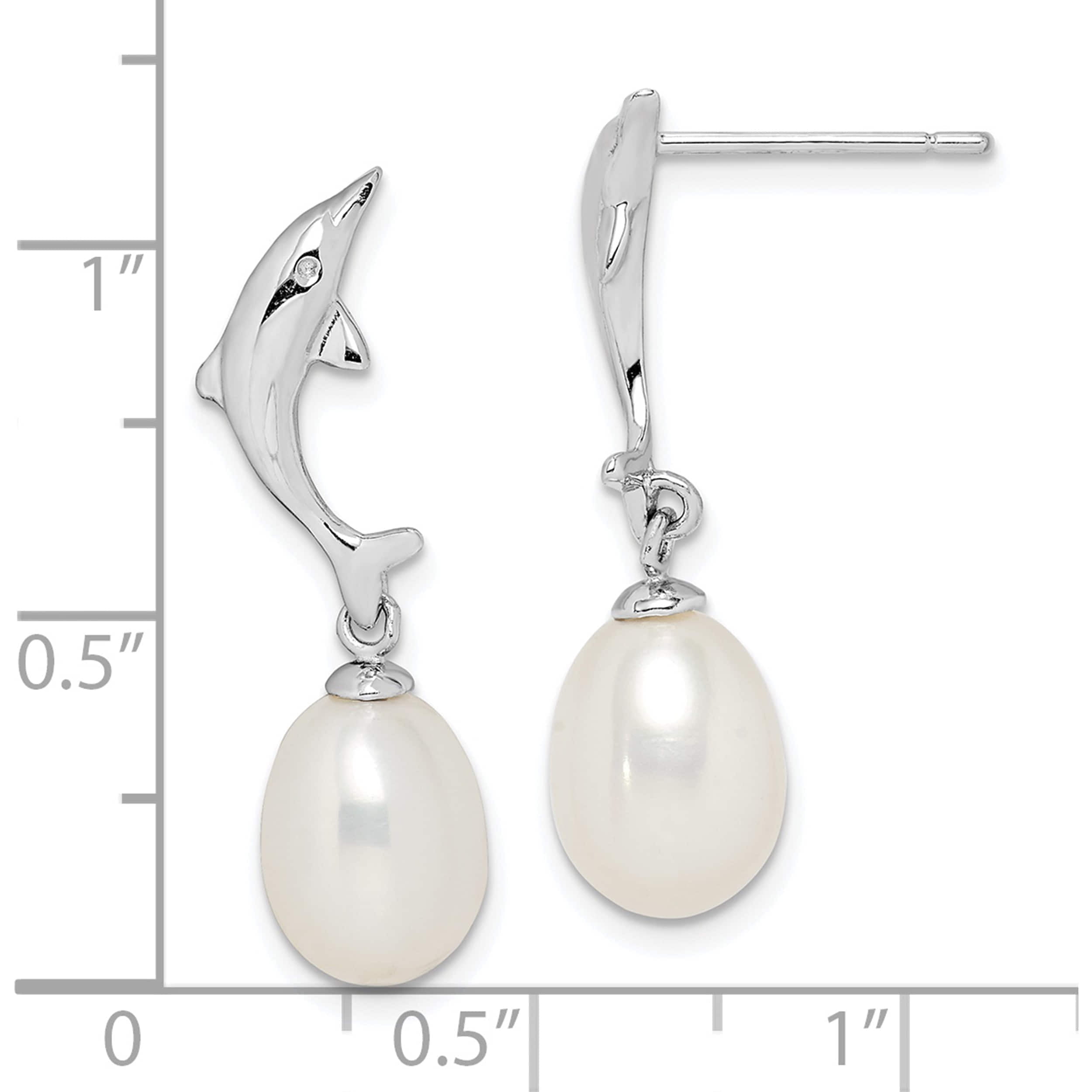 925 Sterling Silver Rhodium-plated Polished 7-8mm White Rice Freshwater Cultured Pearl Hoop Earrings