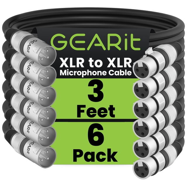 Cable de micrófono GearIt XLR macho a hembra de 1 m, paquete de 6 unidades, negro