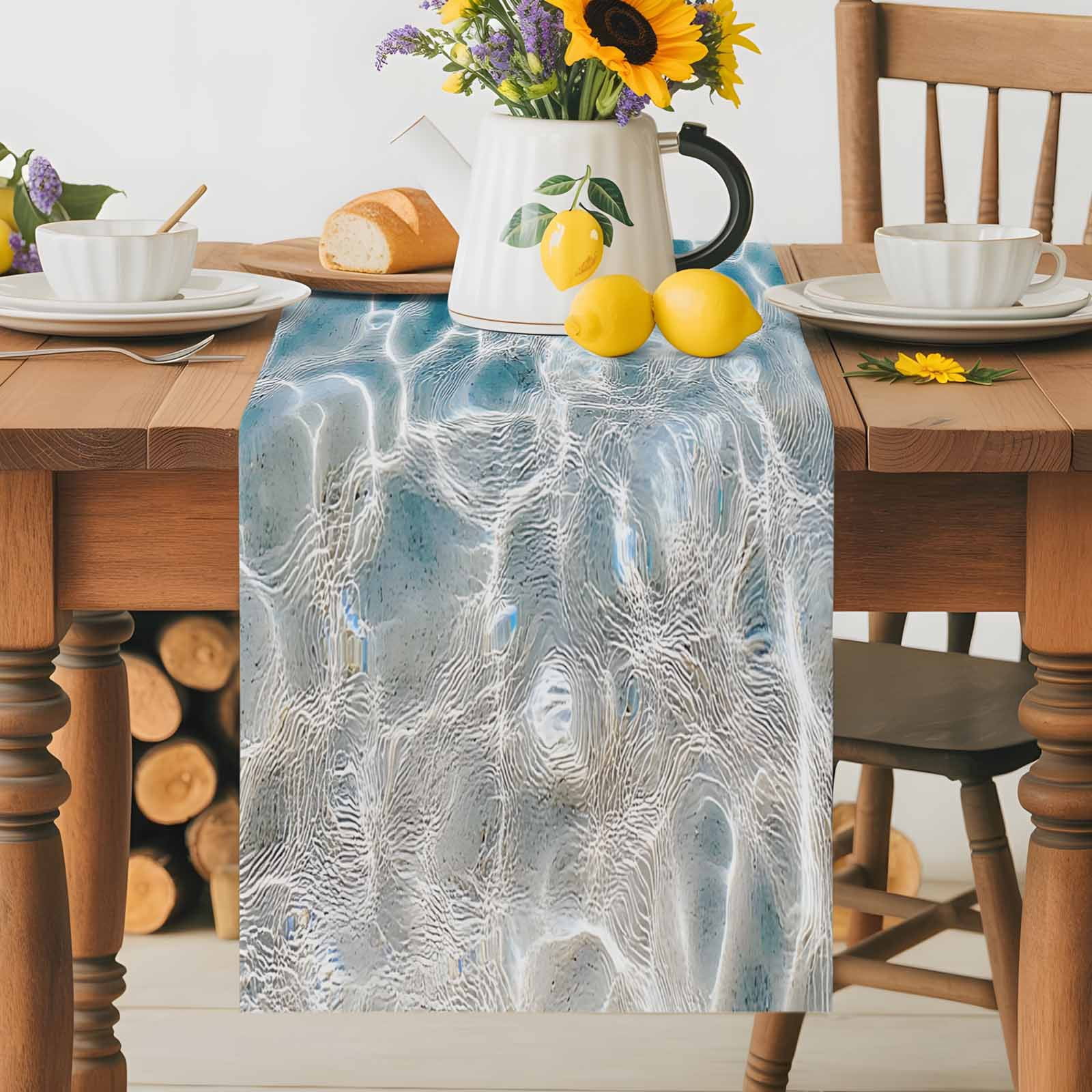 Blue Sea Water Ripple Table Runner 90 Inches Long, Ocean Seabed Table Runners Tabletop Scarf Kitchen Dining Tables Decoration for Home Party Indoor Outdoor