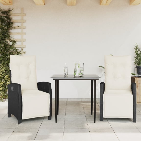 vidaXL 3 Piece Patio Dining Set with Cushions Black Poly Rattan