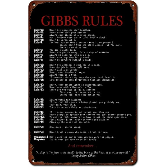 Gibbs Rules Metal Tin Sign Retro Poster For Bedroom Living Room Bathroom Kitchen Office Art Wall Decoration Plaque Gift 8x12 Inch