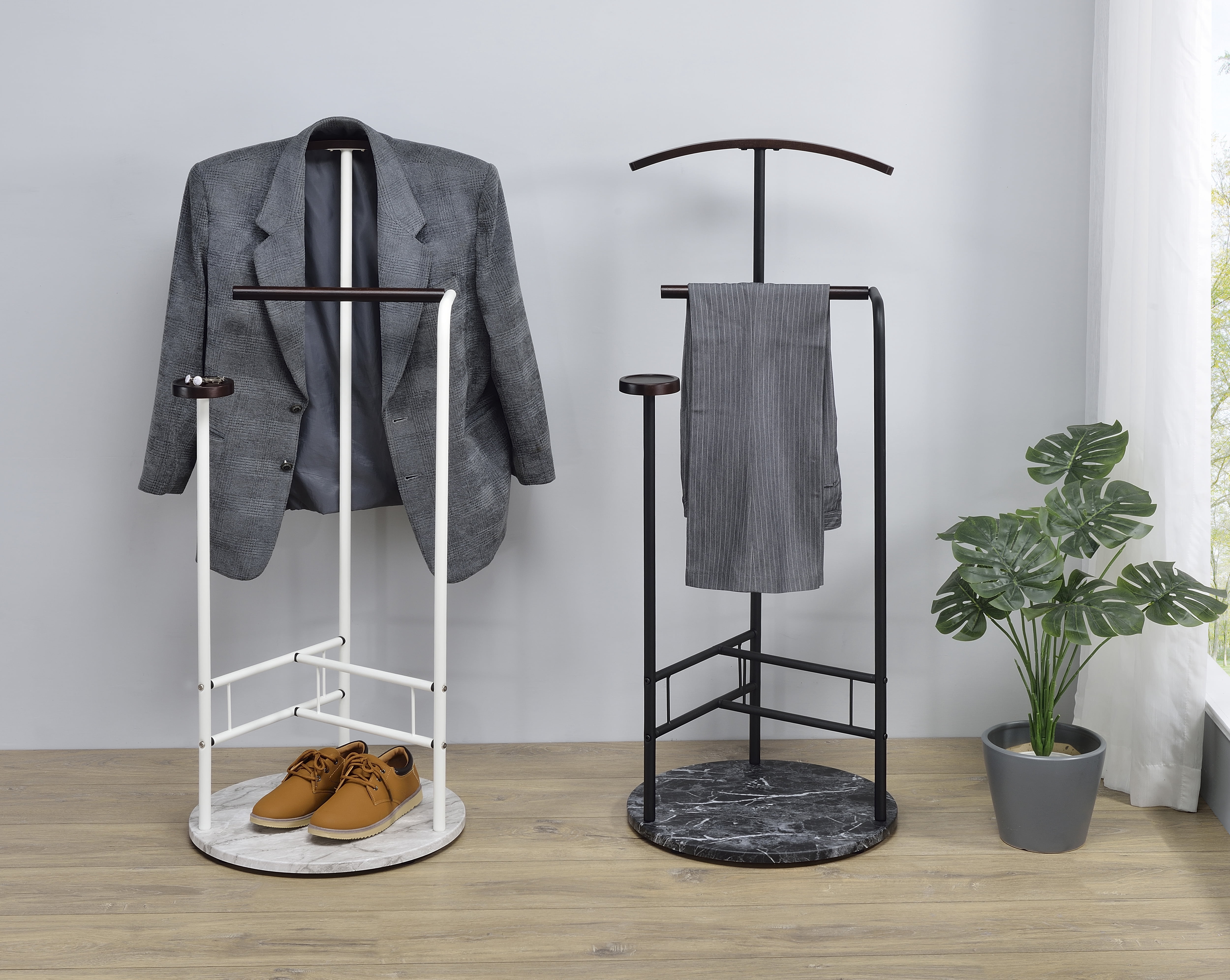 Proman Products Scandia Valet Stand, Clothes Organizer with Tray Hanger Wood Metal, White