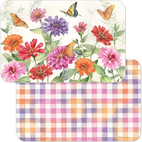Wipe-Clean Reversible Decofoam Placemats, Zinnias & Butterflies, Set of 2, Made in The USA