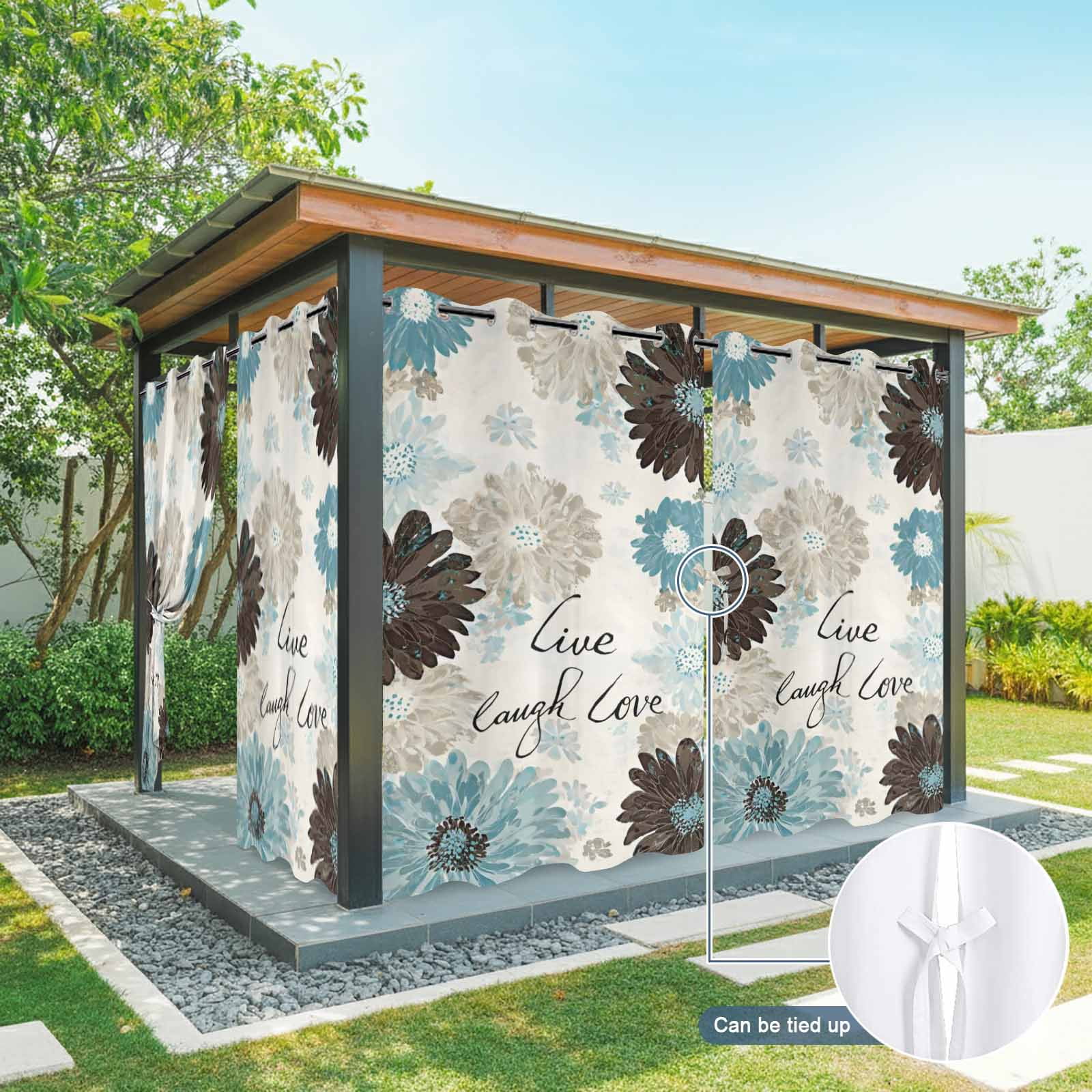 Brown Blue Flower Outdoor Curtains for Patio, Laugh Love Live Plant Farmhouse Sunshade Privacy Drapes Grommet Waterproof Outside Curtains for Porch/Cabana/Balcony 54"x 108", 1 Panel