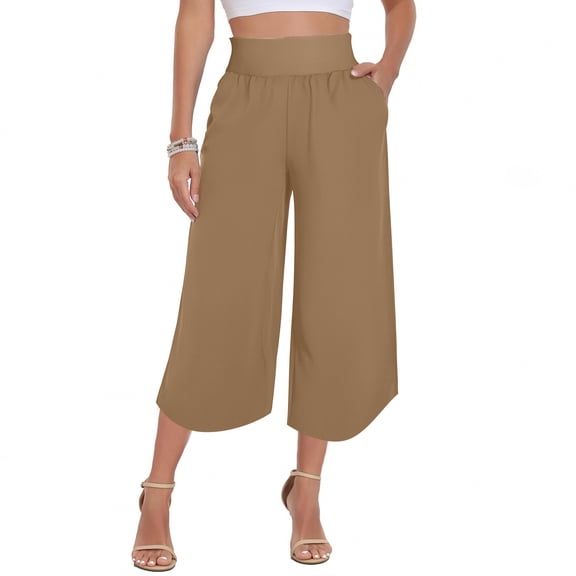 Ohufall Womens Capris with Pockets Summer Solid Color Casual High Waisted Capri Pant Loose Fit Wide Leg Split Hem Cropped Pants