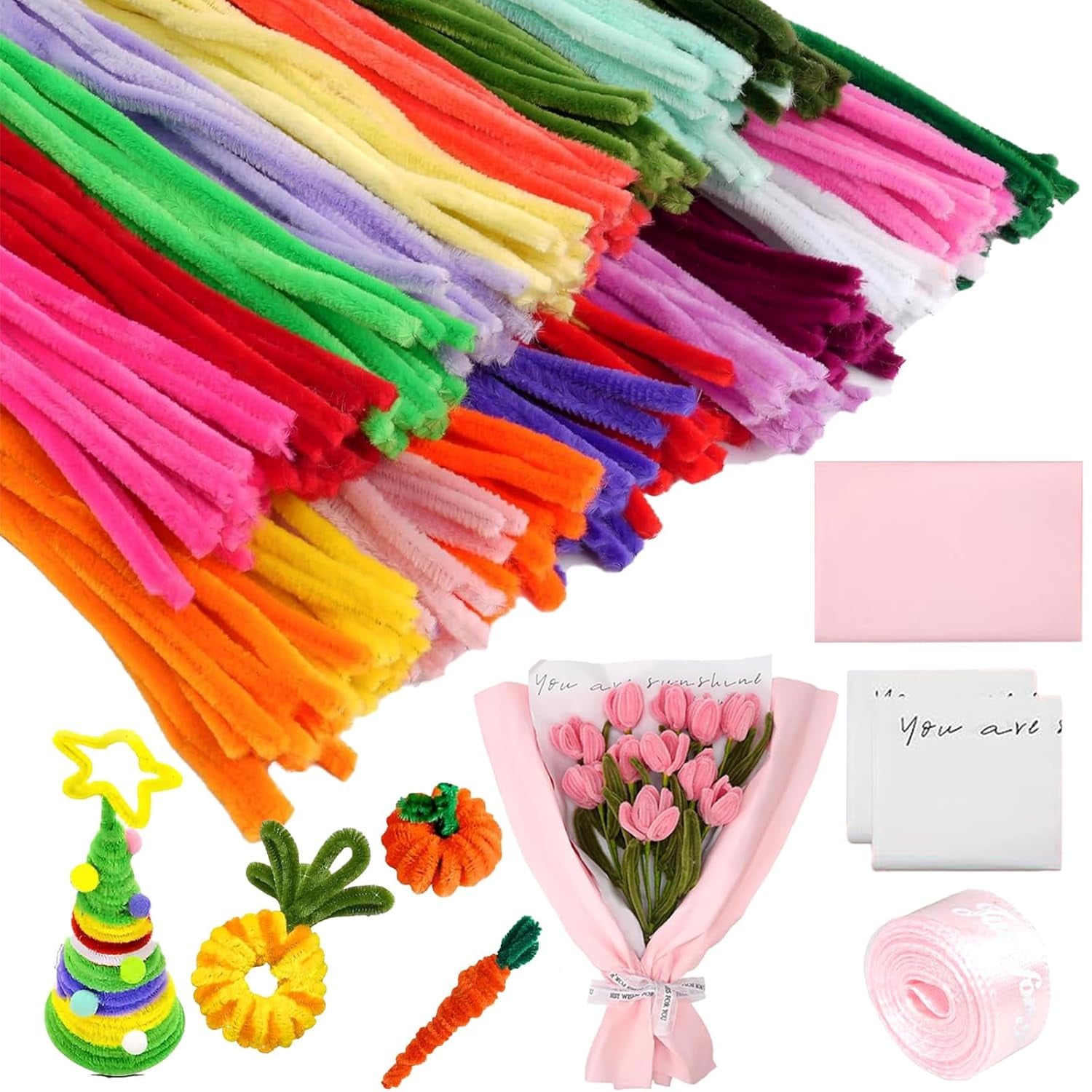 400 Pièces Fil Chenille (Cure-Pipes) Avec Tiges Fleurs - Kit DIY Pour Bouquets Tulipe Rose Et Décoration Créative