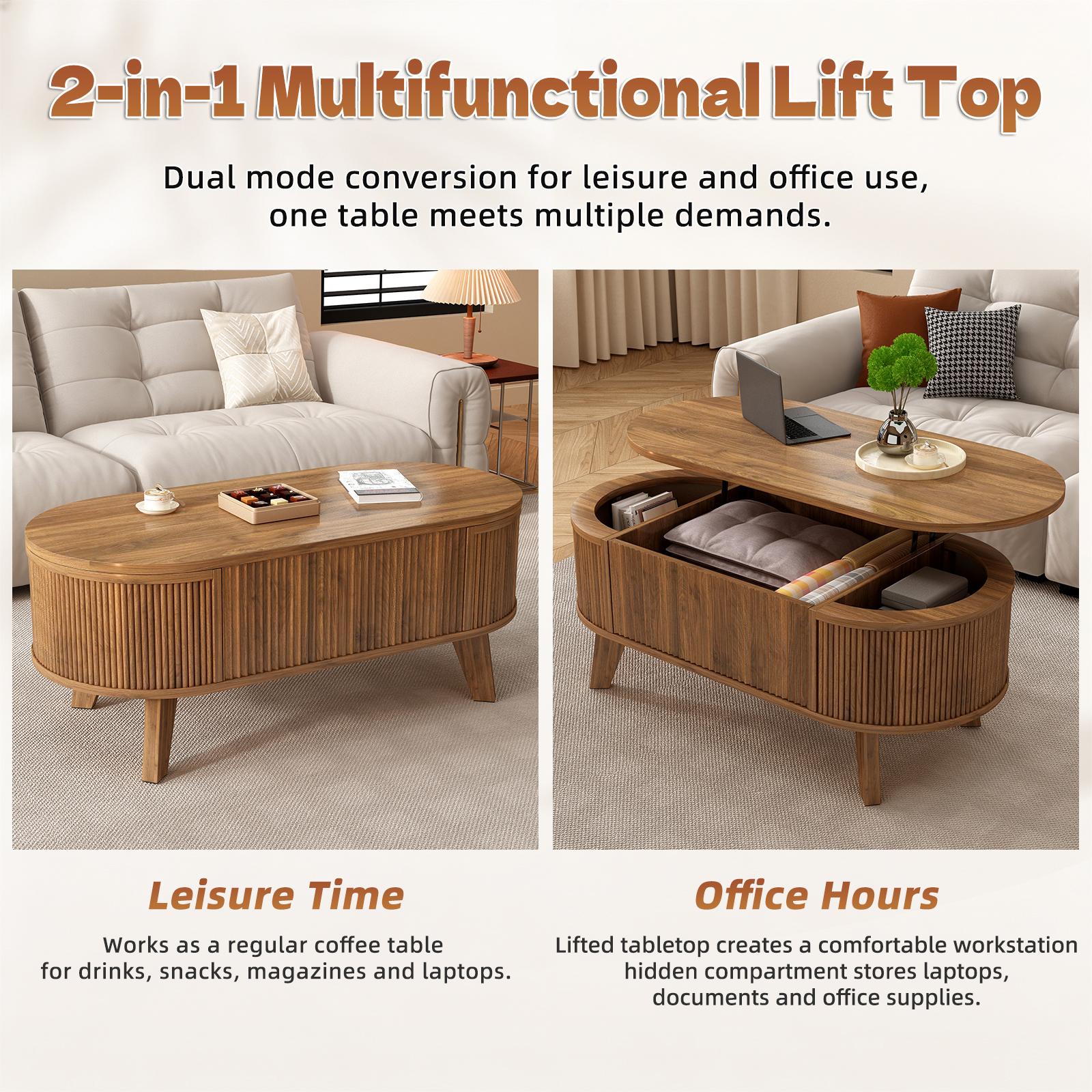 Hommoo Modern Fluted Lift Top Coffee Table with Hidden Storage, Mid-Century Oval Living Room or Home Office Table, Walnut