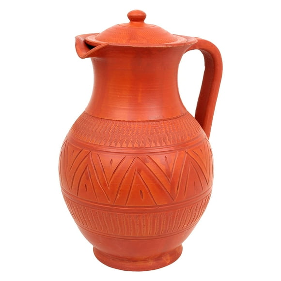 Handmade Clay Water Jug - Terracotta Water Jug - Mud Pot | Pitcher 1.7 Liters | Mitti Ka Jug For Drinking Water With Lid | Handmade Matka, Surahi, Mitti Ghada With Beautiful Design