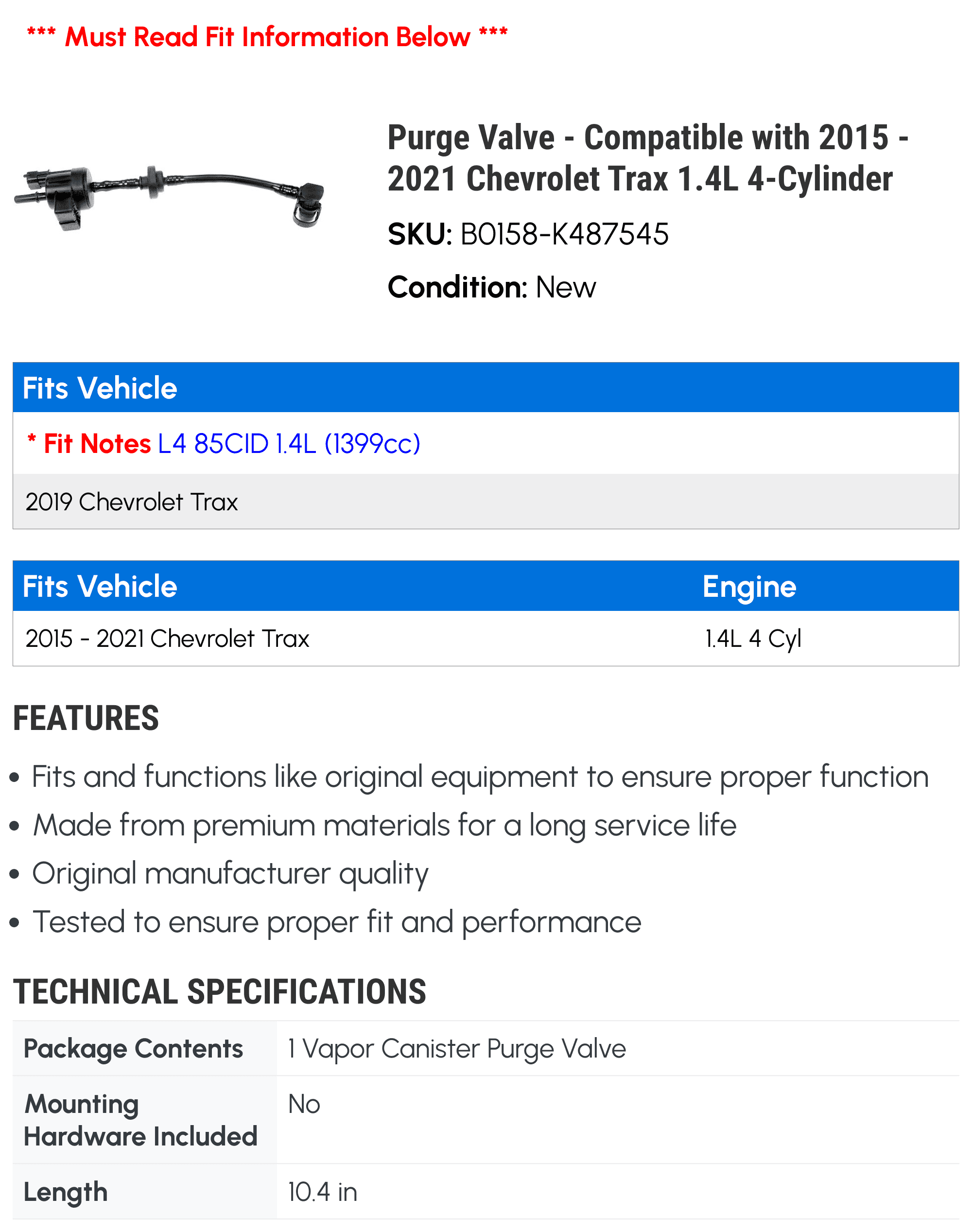 Purge Valve - Compatible with 2015 - 2021 Chevy Trax 1.4L 4-Cylinder 2016 2017 2018 2019 2020