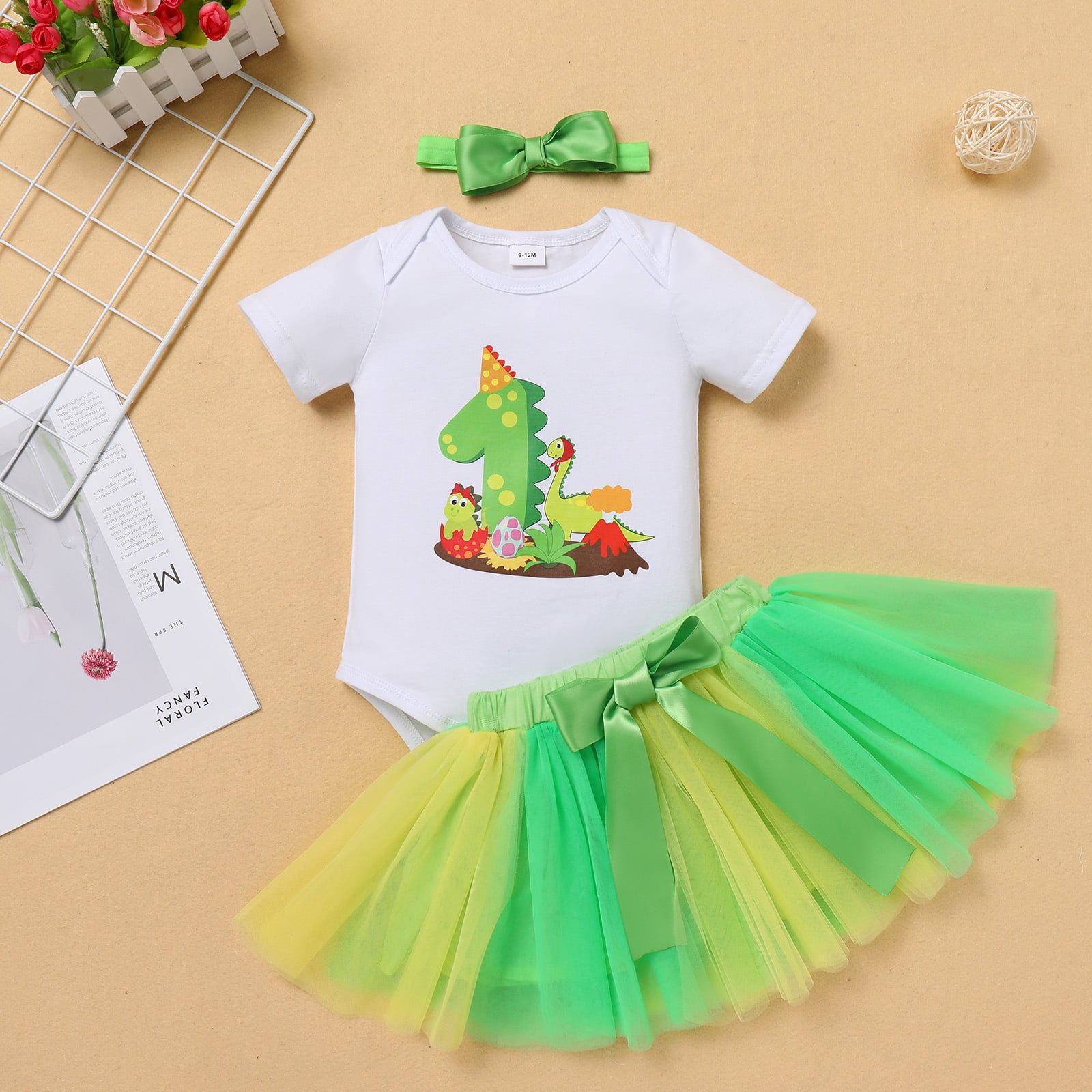 IBTOM CASTLE Infant Baby Girls Dinosaur Themed Party 1st Birthday Outfit Princess Romper + Tutu Skirt + Headband Clothes Set for Photo Shoot 1 Year Green
