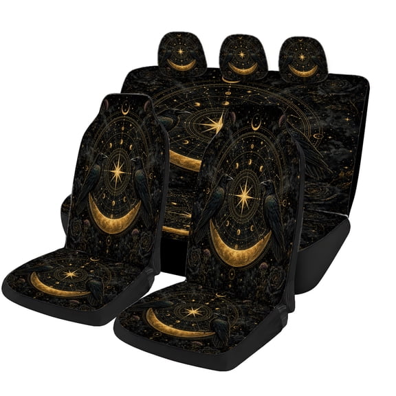 Verolix Black Gold Celestial Bird Car Seat Covers 5-Piece Full Set, Mesh Fabric Universal Fit Automotive Seat Covers for Cars SUVs Trucks Vans, Moon Star Compass Interior Seat Protectors