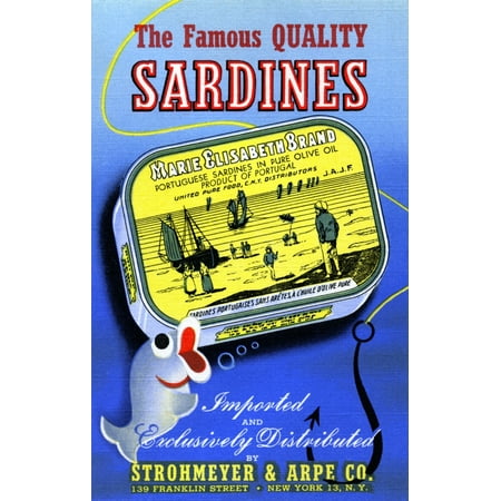 The American company Strohmeyer & Arpe of New York produced this postcard to promote the Portuguese sardines it imports and sells into the market  Shown is the tin with a great fishing scene  The