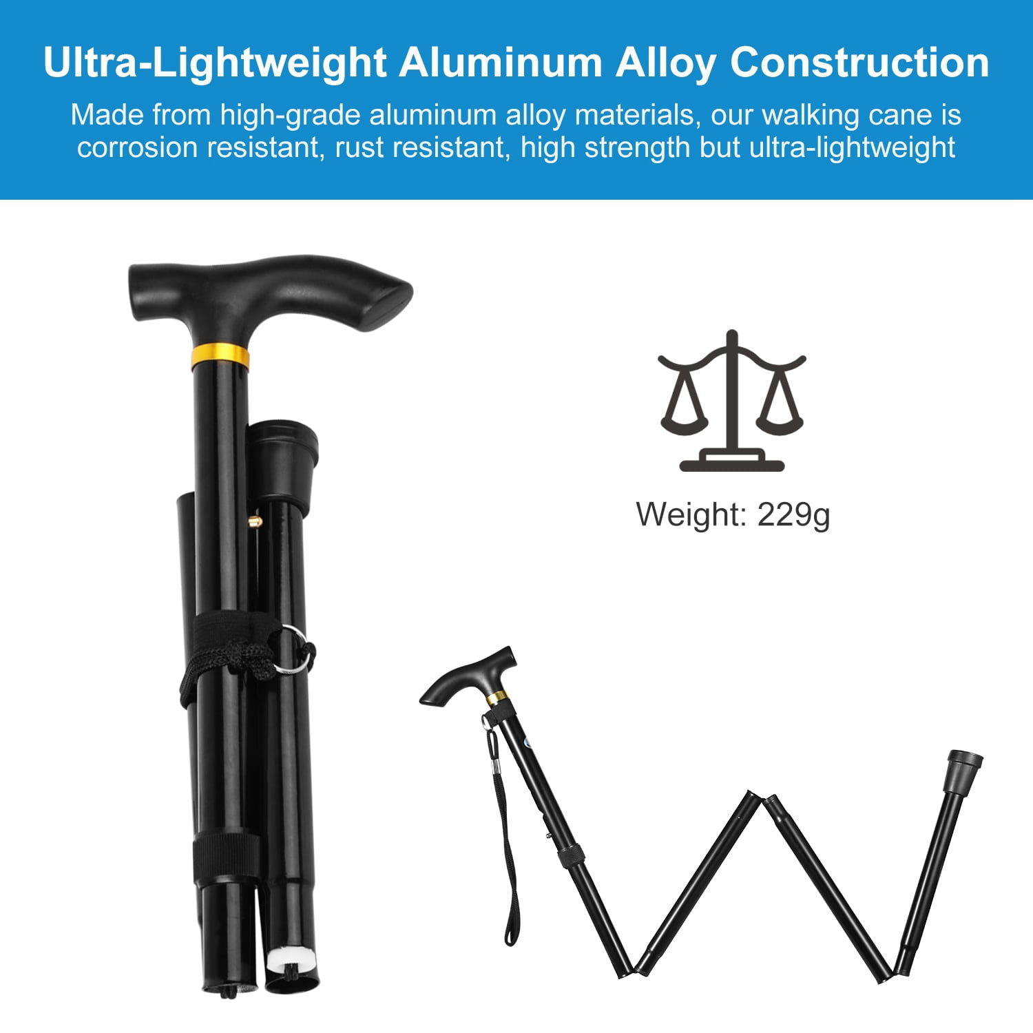 Folding Trekking Hiking Pole, Collapsible Cane Adjustable Travel Walking Stick Portable Mobility Aid for Women Men Hikers Gift, Black
