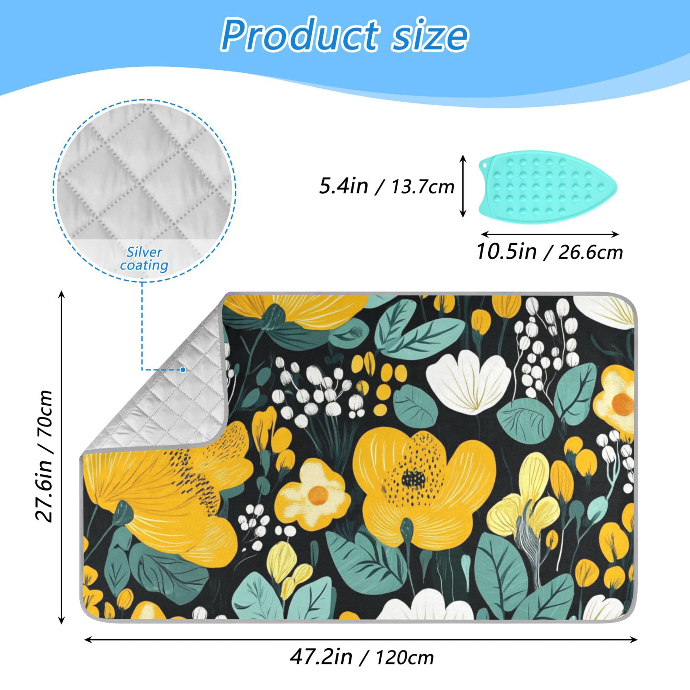 Yellow Floral on Black Background Ironing Mat Blanket for Table Top Travel Portable Ironing Board Pad 47.2x27.6 Inch