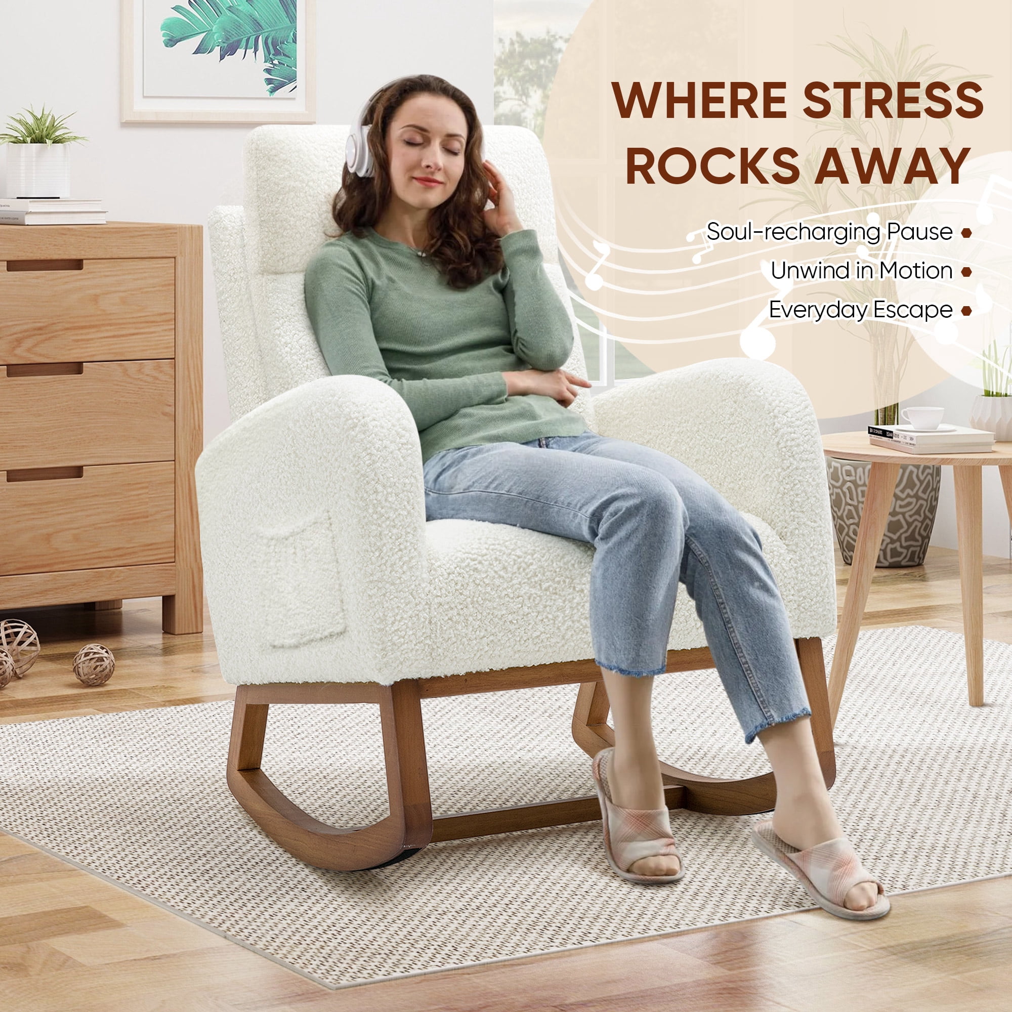 Timbernest Rocking Chair Teddy, 27" High Backrest Modern Accent Chair, Glider Rocker for Living Room, White