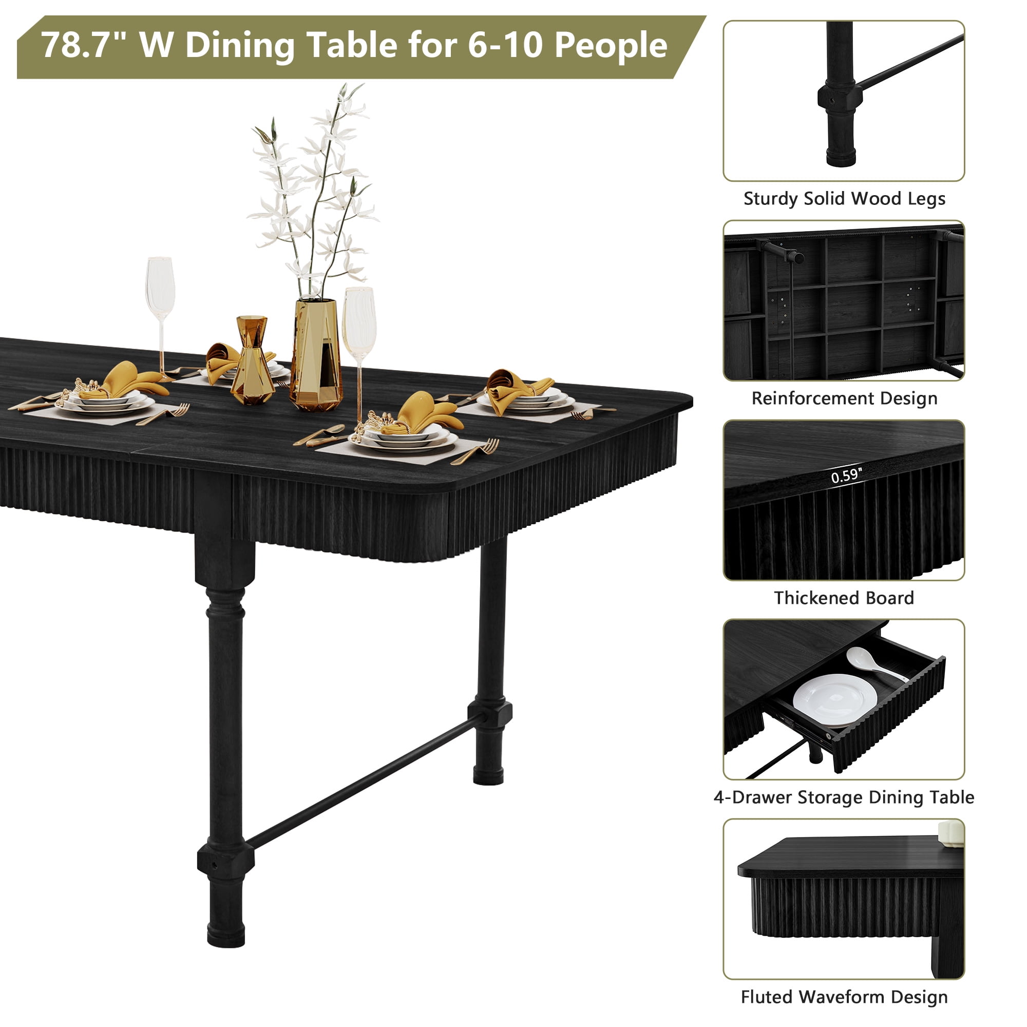 Weselon 78.74" Square Dining Table with 4 Drawers, Wood Fluted Dining Table with Storage Drawers, Seats up to 6,Large Kitchen Table for Casual Meals and Special,Dining Room, Black