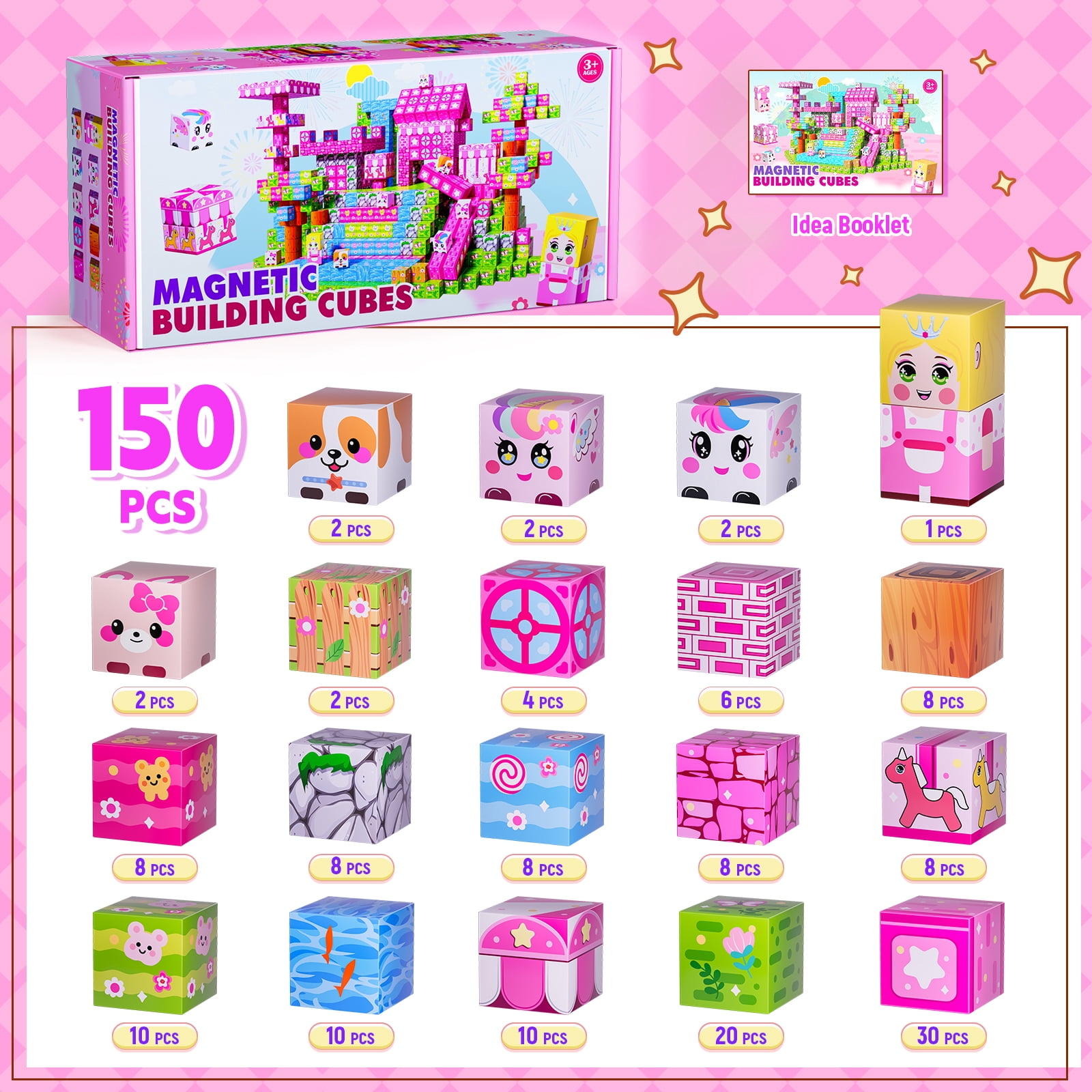 Sbekiev Princess Magnetic Blocks 150PCS Magnetic Building Cube Game, Constructions Toys for Boys & Girls Age 3-4, 5 6 7 8 9 10, Sensory Tiles Building Birthday for Toddlers