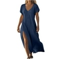 thumbnail image 3 of Plus Size Women's Dress Solid Color Maxi Dresses with Cotton Linen Short Sleeved V-neck Side Slit Dress Side Pockets Long Skirt Summer Vacation Holiday Beach Party S-XXL, 3 of 7