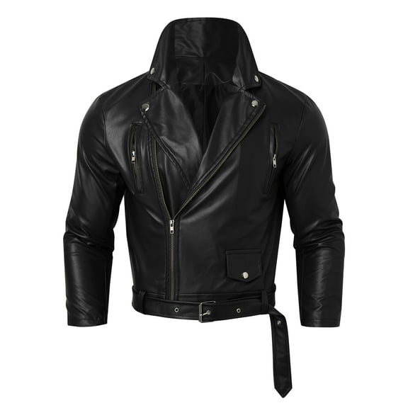 Men's Leather Jacket Motorcycle Coat Windproof Zippered Design Adjustable Belt Stylish Outerwear