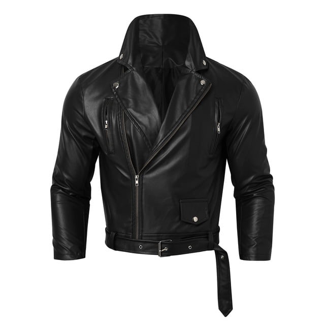 OJinShaWanO Coats for Men Fashion Fashion Men's Leather Jacket Motorcycle Riding Leather Jacket Windproof Rain Zipper Drawstring Belt Solid Color Design