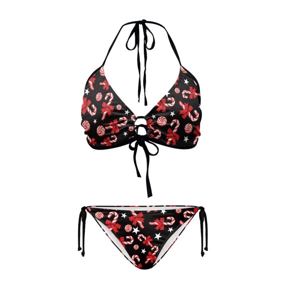Uourmeti Women's Halter Neck Two Piece Bikini Set Candy Cane Print Quick Dry Tie Side Swimwear for Beach Vacation & Pool Party