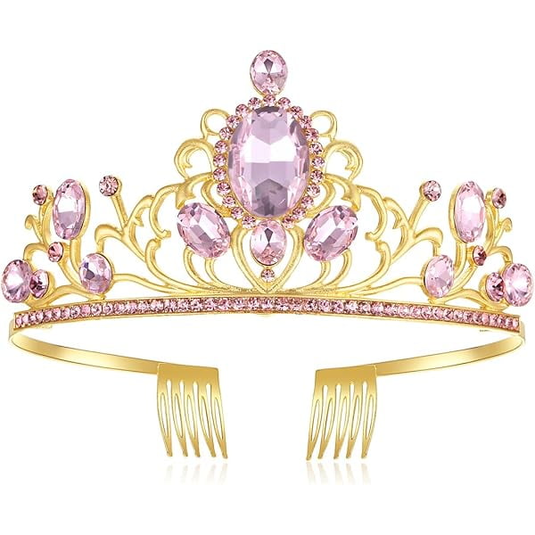wonima11 Pink Rose Diamond Gold Tiara for Little Girls in Birthday Tea Party Sleeping Beauty Halloween