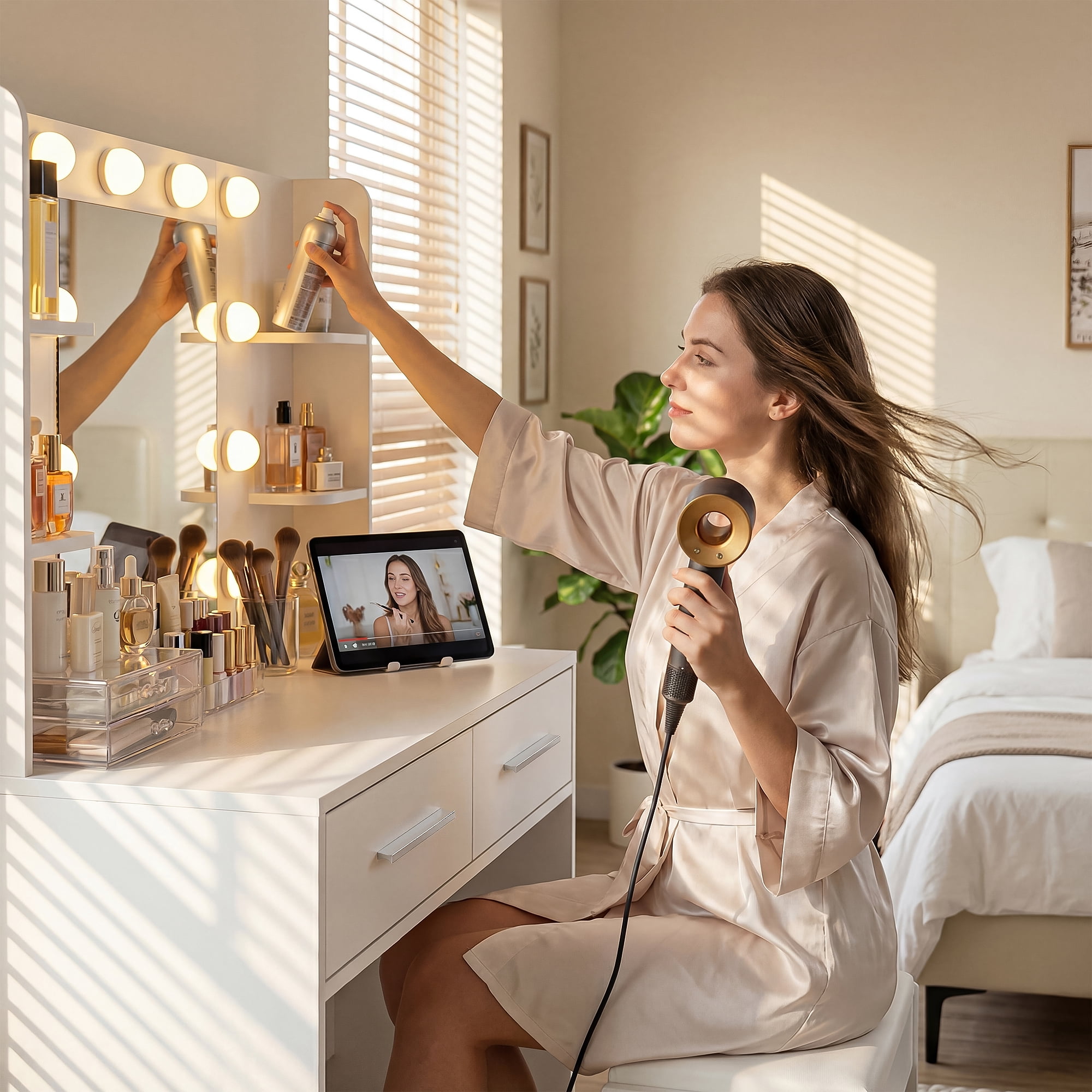 Homall Makeup Vanity Set with Mirror & Stool, Vanity Desk with LED Lights & Fast-Charging Outlet, Vanity Table for Bedroom Dressing Room, White