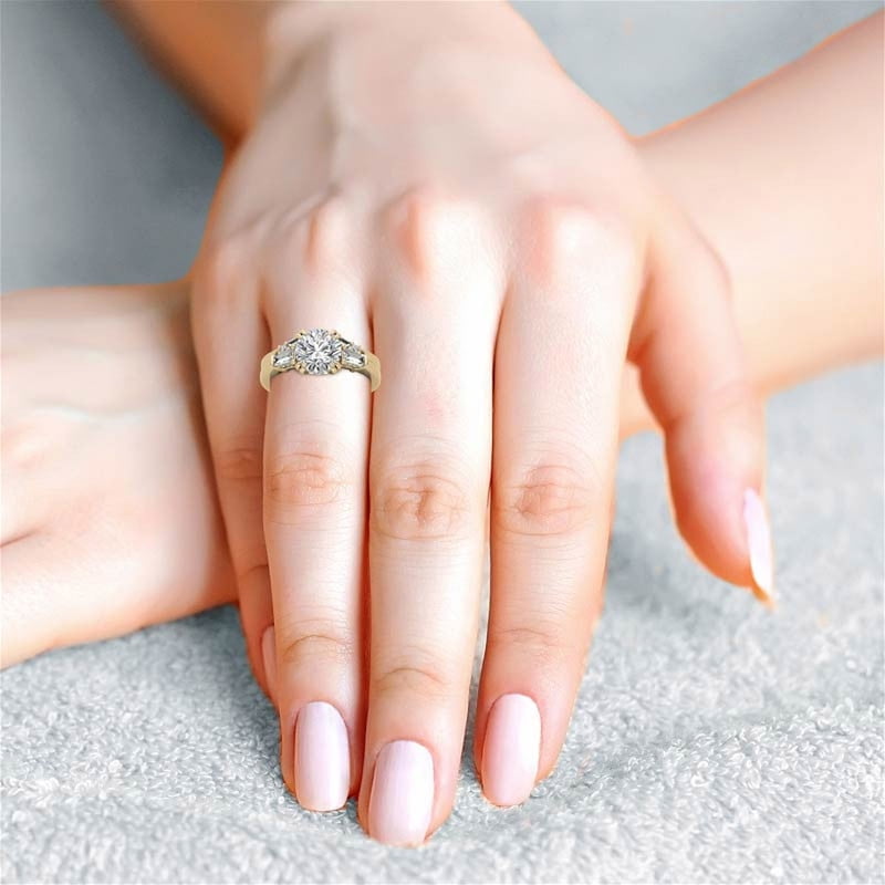 Auory Classic 3 Carat Round Cut Moissanite - Three Stone - Victorian Engagement Ring in 18K yellow Gold Plating over Sterling Silver Ring for Women