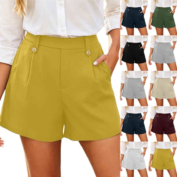 Bloomae Womens Shorts Summer Dressy Casual Elastic High Waisted Button Decor Pleated Shorts with Pockets Loose Wide Leg Work Business Short Pants