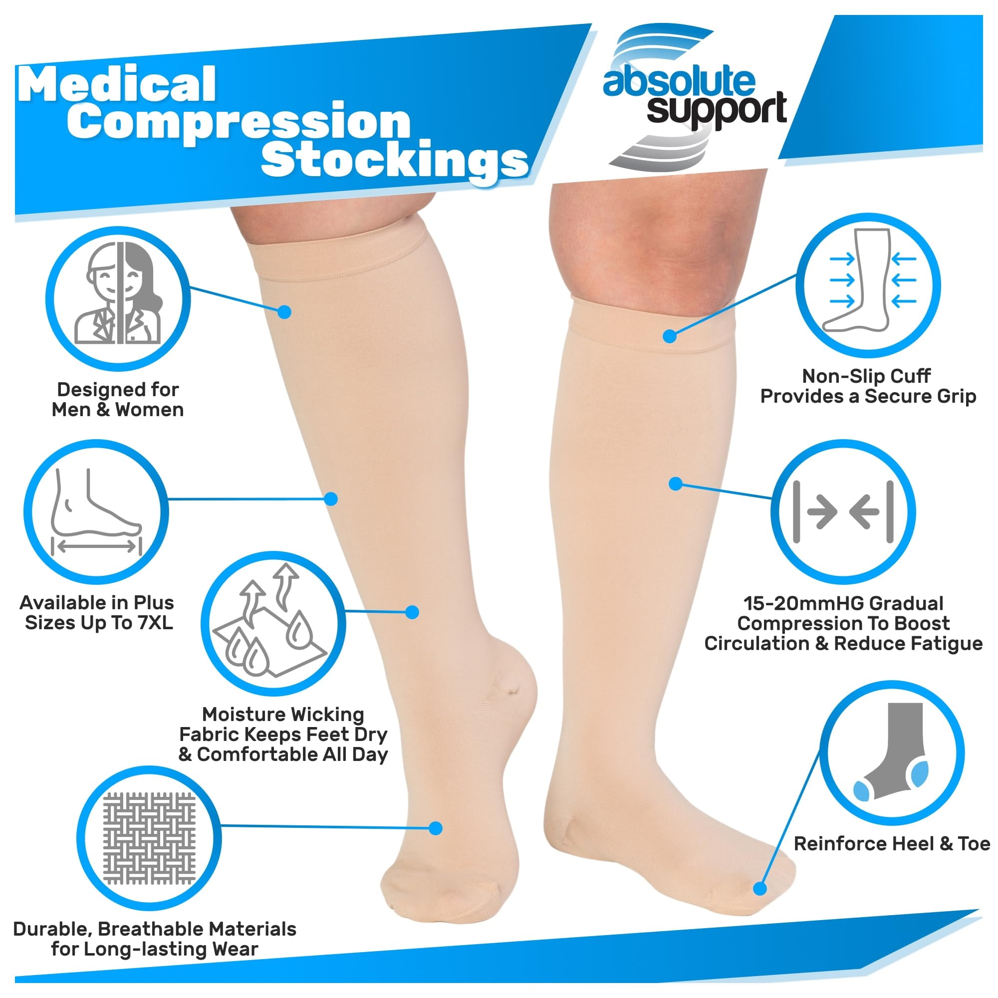 7XL Wide Calf Compression Socks for Women and Men 15-20 mmHg - Beige, 7X-Large