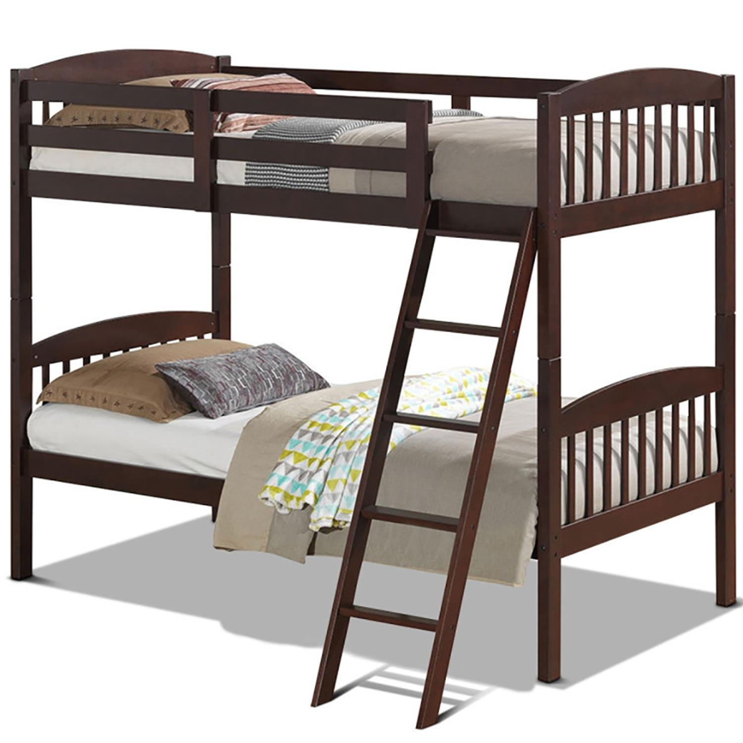 Demi Bonn Solid Wood Twin Over Twin Bunk Bed with Detachable Ladder, Twin Bunk Beds, Converts to 2 Individual Twin Beds, Brown
