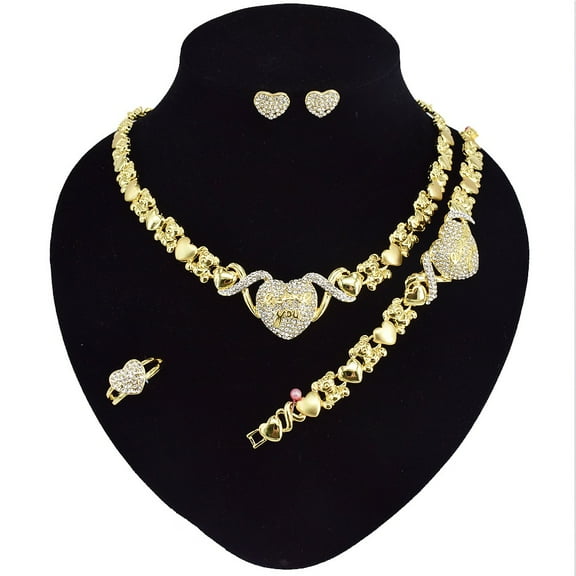 Women's Hugs & Kisses XOXO Big Heart "I Love You" Teddy Bear Charm Necklace Set Includes Bracelet Earrings And a Ring set 18k Layered With Real Gold Plated