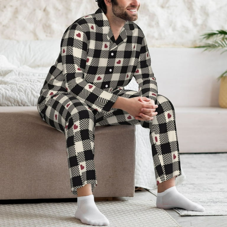 Mens Pajama Set, Black plaid heart Long Sleeve Pjs Set, Sleepwear