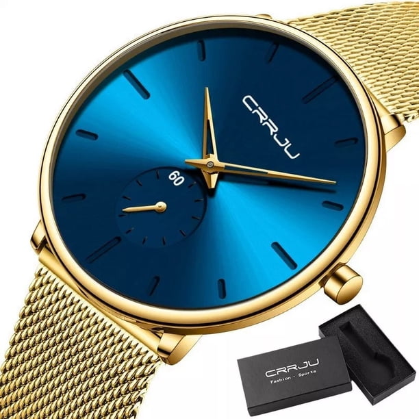Reloj Analógico A Prueba De Agua Crrju Mesh Belt Para Hombre Color Del Fondo Dorado/azul