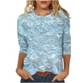 thumbnail image 2 of Viluyesy 3/4 Sleeves T-Shirt Women Round Neck Shirt Tops Fashionable Relaxed Loose Blouse Light Blue Size 5XL, 2 of 7