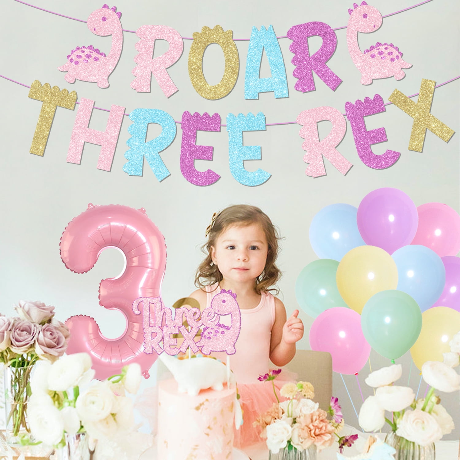 Pink Cute Dinosaur 3rd Birthday Party Decorations with ROAR THREE REX Glitter Banner, Macarone Dinosaur Cupcake Toppers and Number 3 Foil Balloons for Three Years Old Girls Birthday Party Supplies