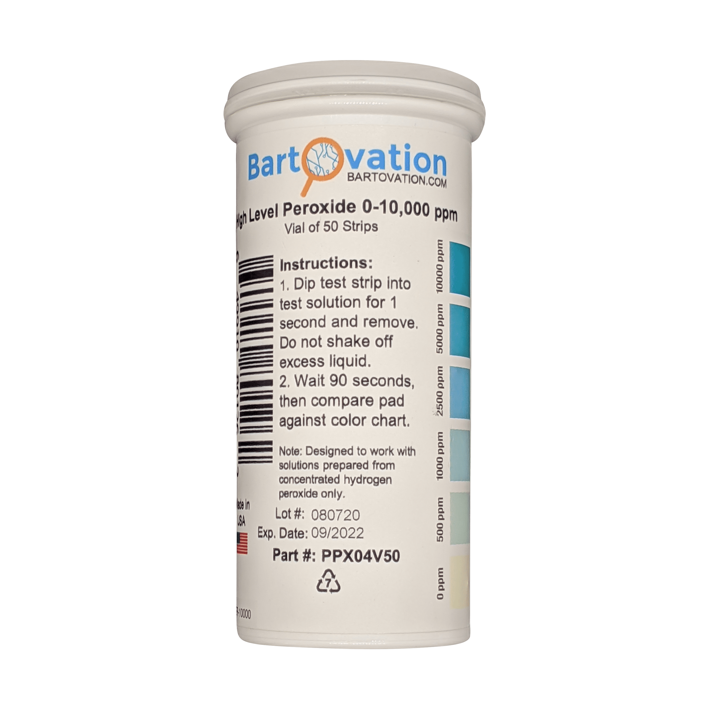 Very High Level Hydrogen Peroxide H2O2 Test Strips, 0-10,000 ppm [Vial of 50 Strips]