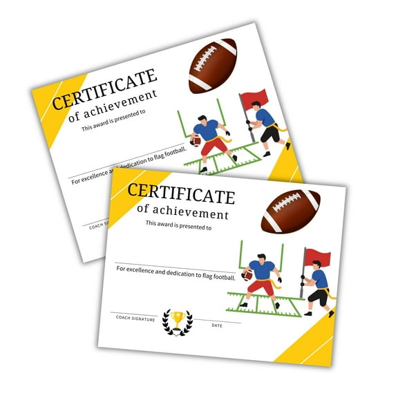 Flag Football Certificate of Achievement 50pk 8.5x11 Youth Sports Participation Medal Trophy Coach Most Improved Player End of Year Superlatives