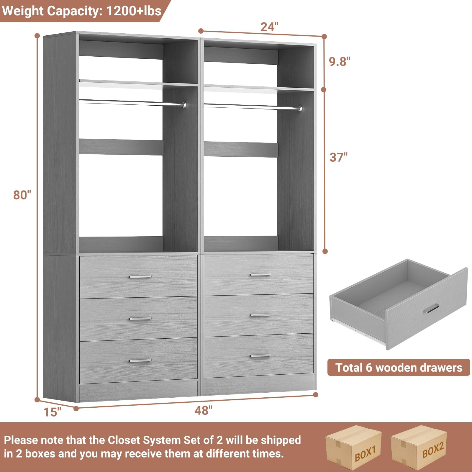 Homieasy 4FT (48 Inch) Closet Organizer System,Set of 2 - 6 Wood Drawers, 2 Hanging Rods & 2 Shelves, Heavy Duty Walk-in Closet Storage,Gray