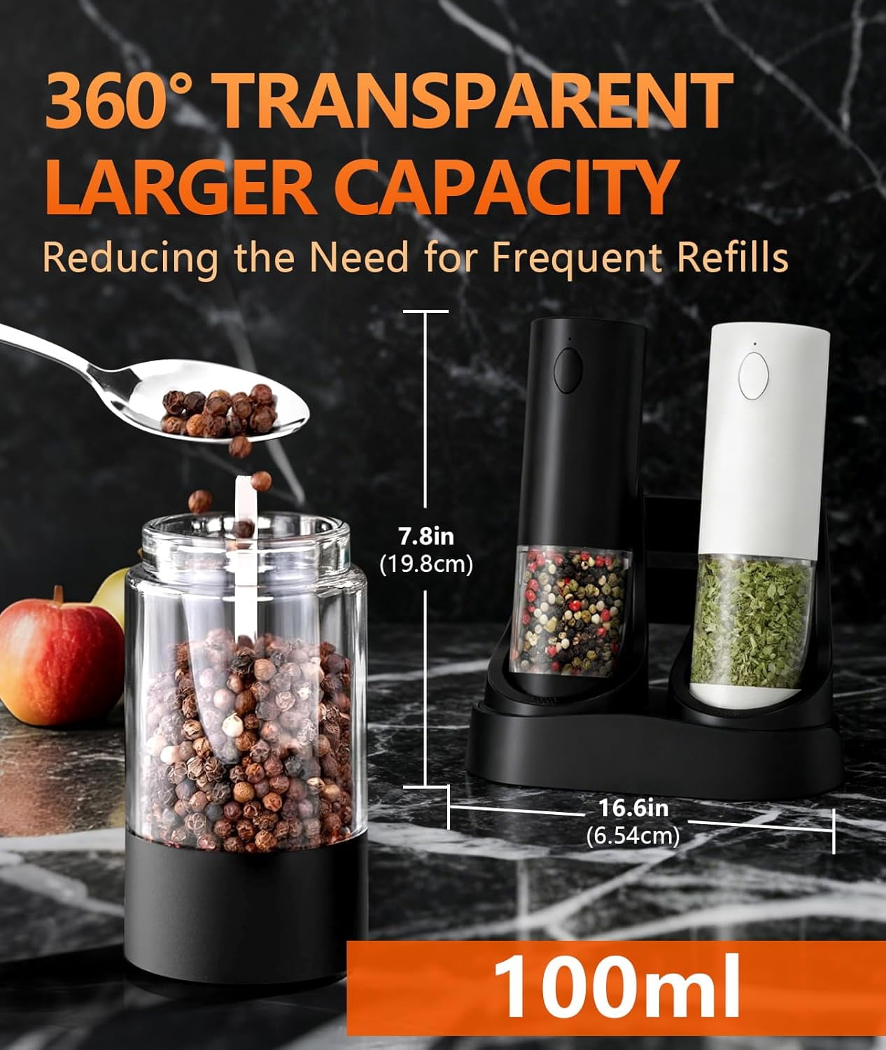 Electric Salt and Pepper Grinder Set - Rechargeable Battery Operated, Adjustable Coarseness, LED Light, Stainless Steel & Glass Body - Spice Mill for Kitchen, Dining Table