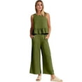 thumbnail image 3 of Women'S Casual Sleeveless Pleated Round Neck Vest Wide Leg Cropped Pants Set Green M, 3 of 6