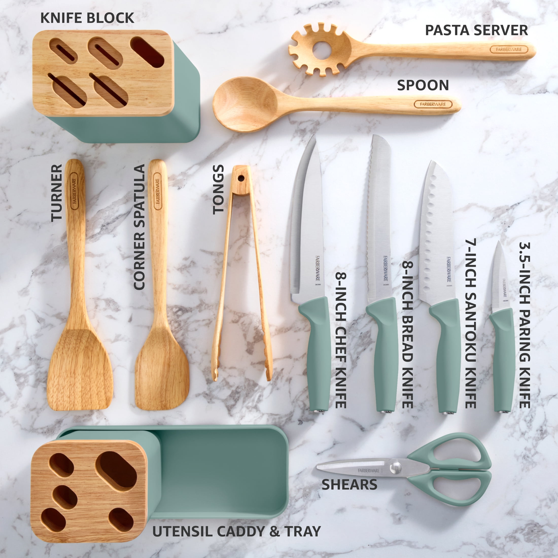 Farberware Professional Wood Kitchen Utensil and Knife Set with Counter Storage Sage, 13-Piece