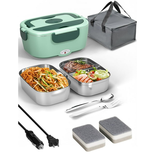 Lonchera eléctrica portátil para hombres, calentador de alimentos de 1.5 litros para adultos con 2 contenedores de acero inoxidable, caja de almuerzo autocalentable de 80 W para coche y camión.