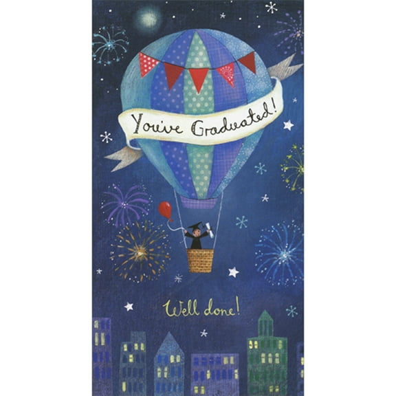 RSVP Grad Floating in Hot Air Balloon Over City and Fireworks Money Holder / Gift Card Holder Graduation Congratulations Card