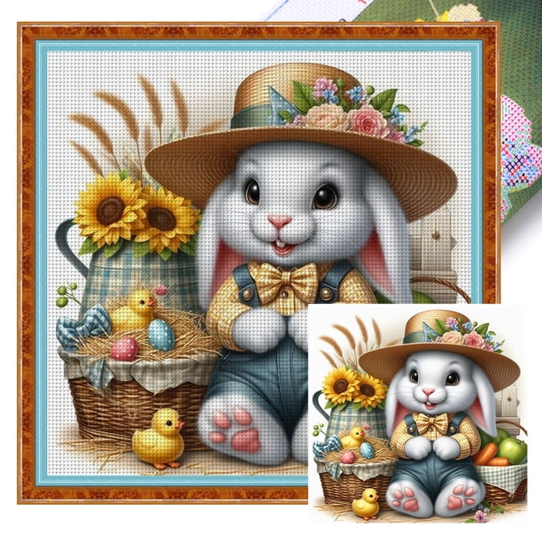 Hilo Algodón Ecológico Bordado Punto Cruz Impreso Conejito Pascua 11CT 45x45cm