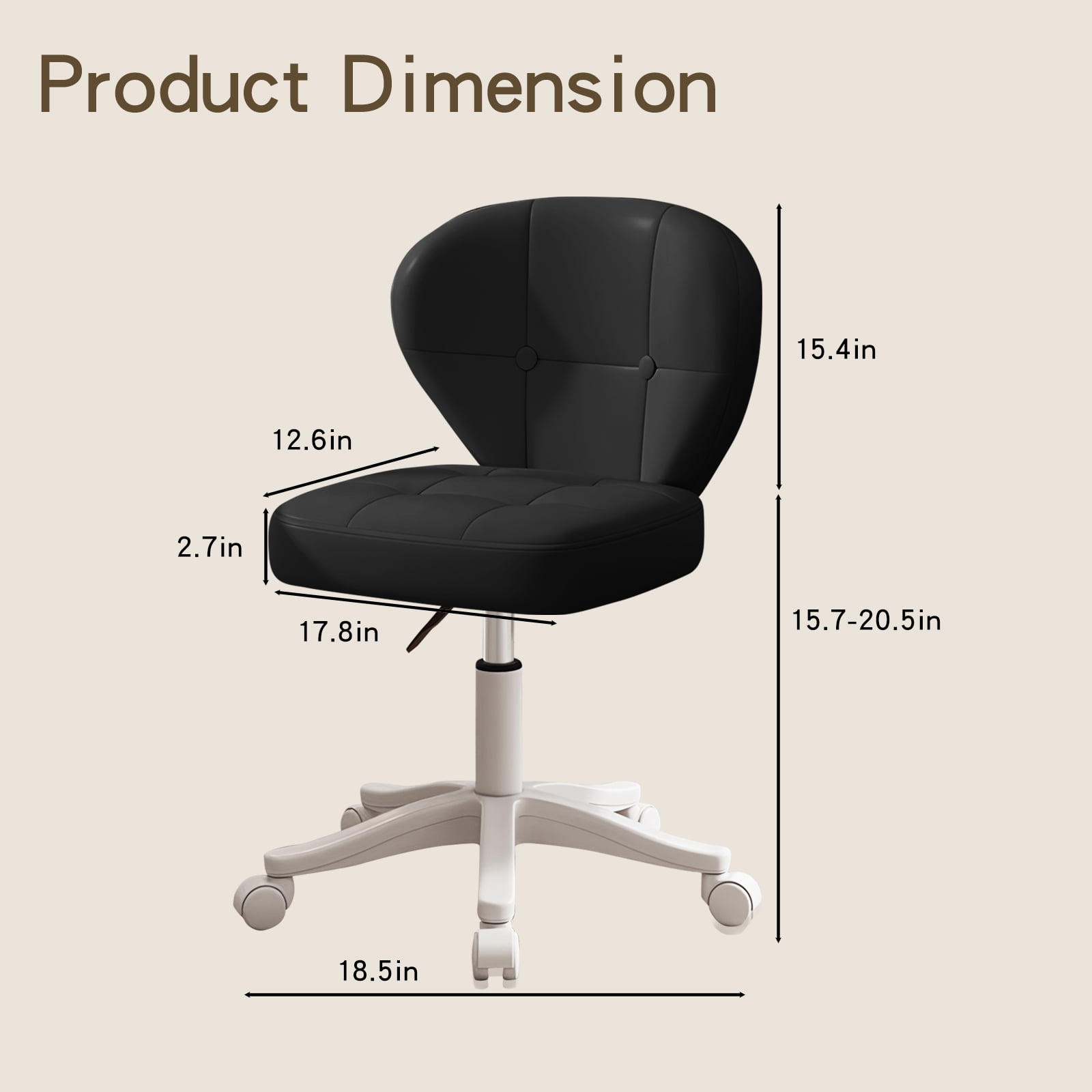 Vanity Chair with Back – Small Armless Office Chair with Wheels, Lumbar Support, PU Leather, Adjustable Height, 360° Swivel for Home, Bedroom, Office Black