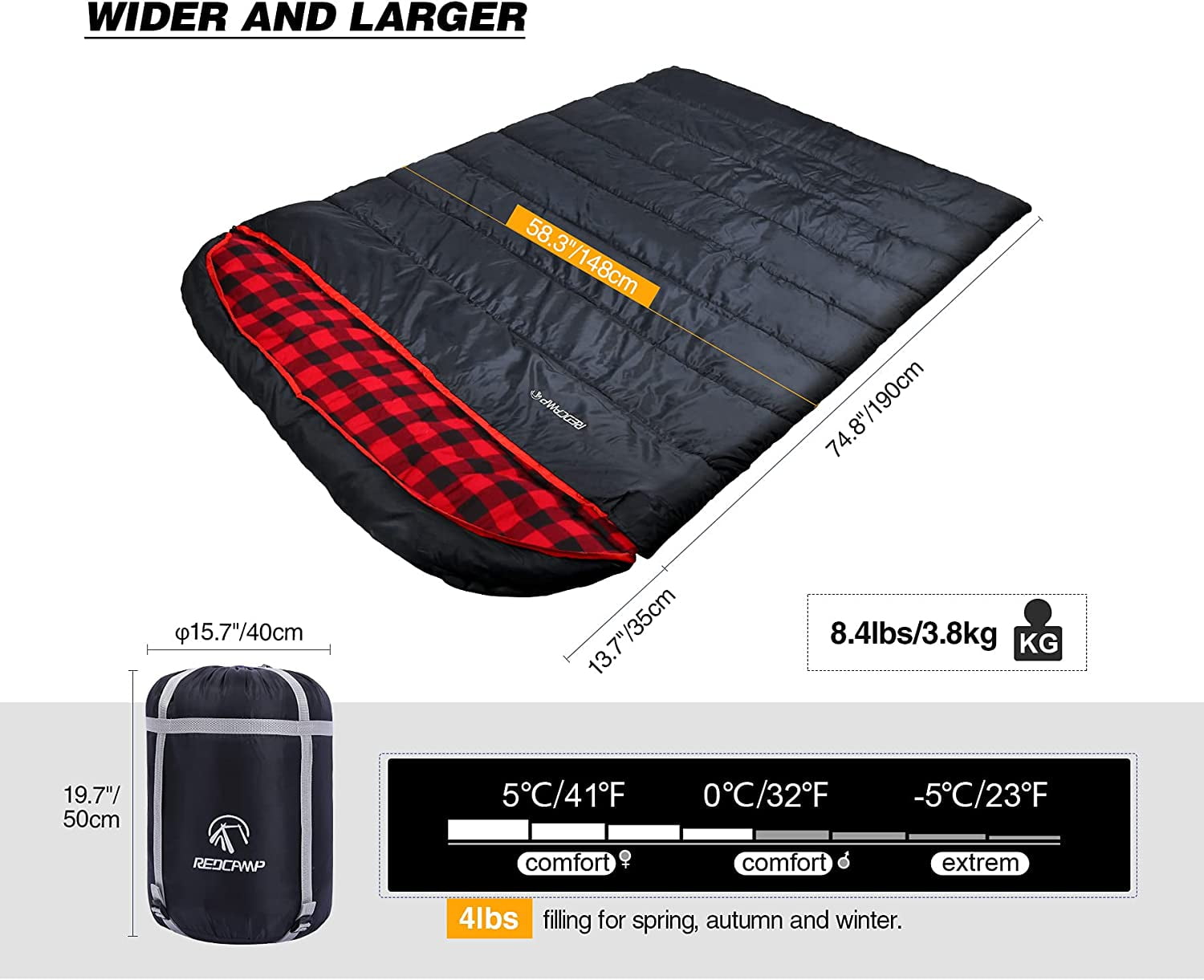 REDCAMP Cotton Double Sleeping Bag for Adults, 2 Person Cold Weather Queen Size Flannel Sleeping Bags for Camping, Black/Navy Blue