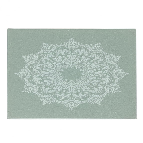 Orient Cutting Board, Oriental Pattern Damask and Floral Elements Classical Art Motifs, Decorative Tempered Glass Cutting and Serving Board, Small Size, Green White, by Ambesonne