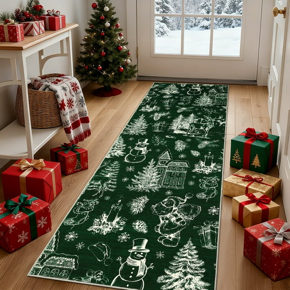 HOMERRY Xmas Rug Christmas Home Decor Tree Deer Print Area Rug Washable Non-slip 2' x 6' Modern Rug for Hallway Enterway Indoor Green Carpet