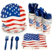 144 Piece Patriotic Party Supplies - American Flag Plates, Napkins, Cups, Cutlery for 4th of July, Memorial Day Decorations (Serves 24)